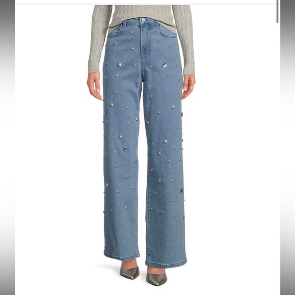 Gianni Bini Embellished Blue Denim high Rise wide leg light rinse Jeans Sz 26‎